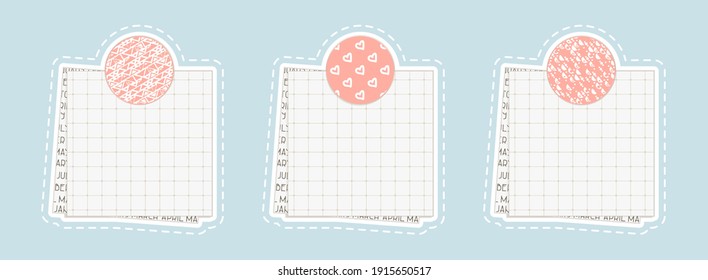 Set of isolated squared mockup papers with dots, pieces of newspaper on the bottom, pink circle patterned shape washi tape for Valentines day. Templates can be used for text, photo, as banner