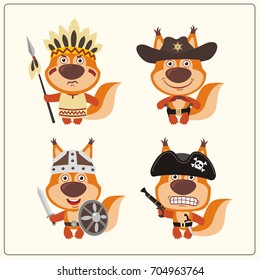 Set isolated squirrel in cartoon style in costume of viking, american indian, cowboy and pirate. 