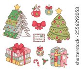 set of isolated stack of books and Christmas tree