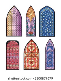 Set with isolated stained glass mosaic church temple cathedral windows light colorful icons on blank background vector illustration