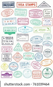 Conjunto de sellos aislados para visado o pasaporte, viaje y documento de turismo. Alemania y la India, Rusia y España, Francia y Turquía, Australia y el Reino Unido, Panamá y Malasia, Italia. Vacaciones extranjeras