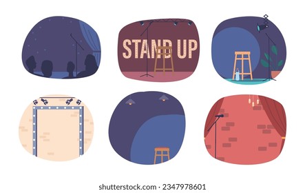 Set of Isolated Standup Show Stages. Elevated Platform For Comedians Or Performers To Entertain An Audience