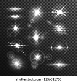 Set of isolated star flare or light effect through lens on transparent background. Burst backdrop template or bokeh, glowing beam and bleak, bright explosion and ray radiance. Explosion, illumination