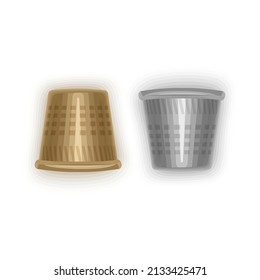 Set of isolated steel thimbles on a white background, golden and silver thimbles