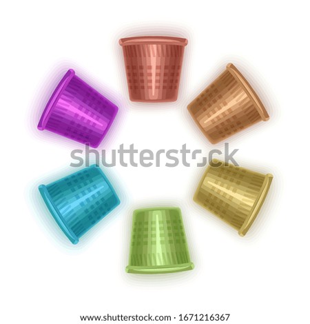 Set of isolated steel thimbles on a white background, multicolored thimbles, Vector illustration