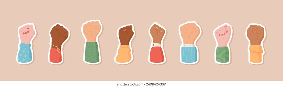 Set of isolated sticker raised support sign fist , a woman raises a solidarity sign, a character shows up with a strength fist, patches with people hold a revolution symbol or a protest gesture.