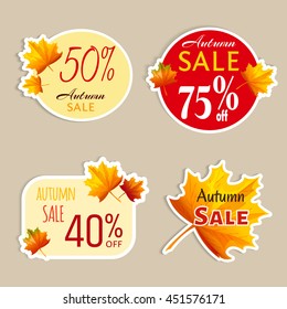 Set of isolated stickers with autumn leaves. Autumn sale. Vector illustration. Cartoon style. For business presentation.