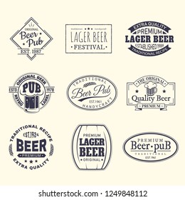 Set of isolated stickers for beer, badge for coaster and beermat at pub, bar with alcohol mug or cup. Beverage sign or drink stamp for bottle of lager with ribbon. Branding and advertising,oktoberfest