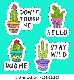 set of isolated stickers with cactus - vector illustration, eps