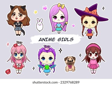 Set of isolated stickers with cute anime girls.