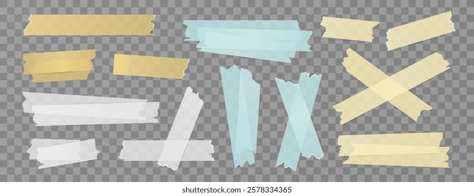 Set of isolated sticky stripes, duct tapes, adhesive notes, stickers. Transparent multicolored elements on background. Vector collection of papers for collages, office and school designs, reminders.