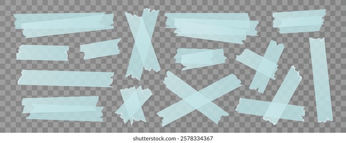 Set of isolated sticky stripes, duct tapes, adhesive notes, stickers. Transparent blue vector elements on background. Vector collection of papers for collages, office and school designs, reminders.