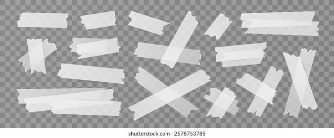 Set of isolated sticky stripes, duct tapes, adhesive notes, stickers. Transparent white elements on background. Vector torn pieces of papers for collages, office and school designs, reminders.