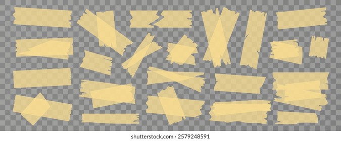 Set of isolated sticky stripes, duct tapes, adhesive notes, stickers. Transparent elements on background. Collection of yellow papers for collages, office designs, reminders. Vector illustrations.