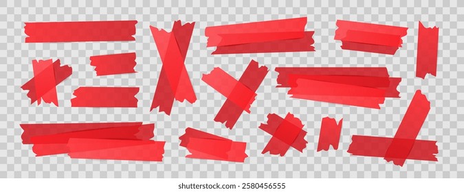 Set of isolated sticky strips, duct tape, adhesive notes, and stickers. Transparent red elements on a background. Vector torn paper pieces for collages, scrapbooking, creative designs and reminders.