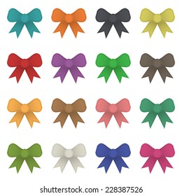 set of isolated stitched ribbon bows, 16 variations