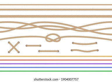 Set of isolated straight ropes and tied cross strings, realistic navy thread brown and colorful. Navy 3d cords collection. Vintage looped fiber with knot and noose. Vector illustration