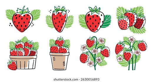 Set of isolated strawberries. Berries in craft packaging. Eco-friendly summer fruits