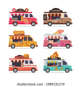 Set of isolated street food trucks. Vector food van with fast food and drink, burger, pizza, coffee, donut, hot dog and ice cream vector illustration