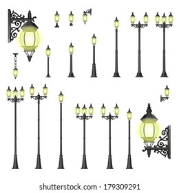 Set of isolated Street lanterns in style with different types of stands and openwork convoluted details