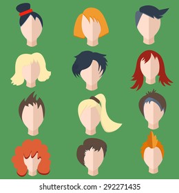 Set isolated of stylish, faces, hairstyles men and women wigs into a flat style. The modern concept of editable icons for your design. Vector illustration