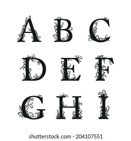 Set of Isolated stylized calligraphic illustrations. Vector A, B, C, D, E, F, G, H, I.