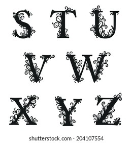 Set of Isolated stylized calligraphic illustrations. Vector S, T, U, V, W, X, Y, Z.
