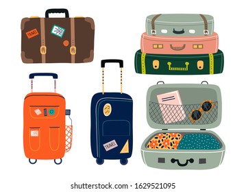 Set of Isolated Suitcases with wheels. Travel bags with various stickers.Hand drawn vector trendy illustration in flat cartoon style.