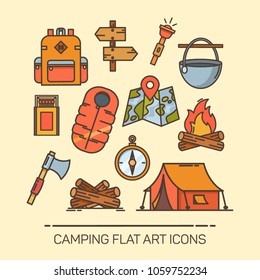 Set of isolated summer camping icons. Signs of tent and bag, backpack and lantern, map and direction sign, firewood and cauldron or kettle, life vest or jacket, compass and axe. Scout and expedition
