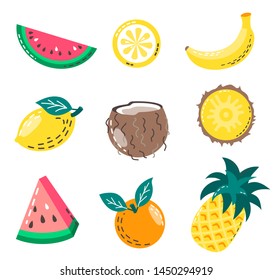 Set of isolated summer fruits. Vector illustration of juicy fruits: watermelon, banana, pineapple, coconut, orange and lemon.