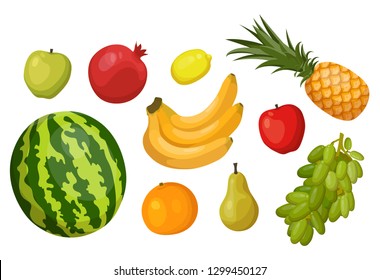 Set of isolated summer and garden fruits. Apple and pomegranate or garnet, lemon and apple, pineapple or ananas, watermelon and orange, pear and grape. Farming and harvest, agriculture theme