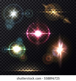 Set of isolated sun light effects on transparent background. Sunshine line at horizon and zenith light through round lens glass, camera view on beam bleak, star burst and flare, bokeh and glowing