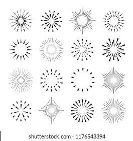 Set of isolated sunburst rays retro design elements isolated on a white background. Starbursts circles, Vector illustration.