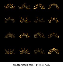 Set of isolated sunburst rays retro design elements isolated on a white background. Starbursts circles