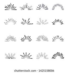 Set of isolated sunburst rays retro design elements isolated on a white background. Starbursts circles