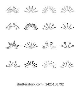 Set of isolated sunburst rays retro design elements isolated on a white background. Starbursts circles