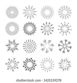 Set of isolated sunburst rays retro design elements isolated on a white background. Starbursts circles