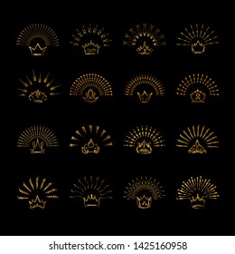 Set of isolated sunburst rays retro design elements isolated on a white background. Starbursts circles