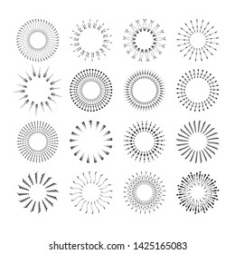 Set of isolated sunburst rays retro design elements isolated on a white background. Starbursts circles