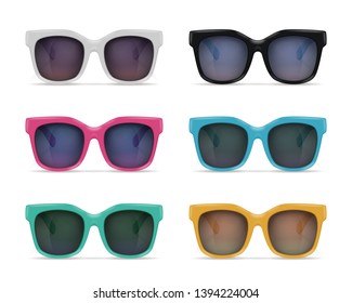 Set of isolated sunglasses realistic images on blank background with reflections and colourful models with shadows vector illustration