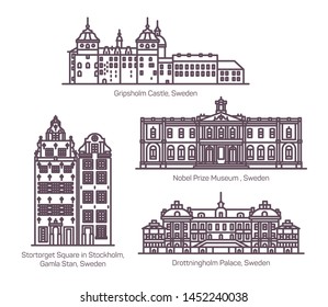 Set of isolated Swedish or Sweden architecture landmarks in thin line. Gripsholm castle and Noble Prize museum, Stortorget Square at Gamla Stan, Stockholm, Drottningholm palace. Sightseeing, tourism