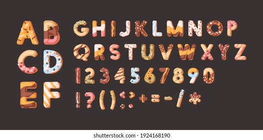 Set von einzelnen süßen Zahlen, Symbolen und Buchstaben des Bäckereialphabets. Kinder Schriftart aus verglasten Donuts mit bunten Sprinklen. Cute and fun English ABC. Farbige flache Cartoon-Vektorgrafik