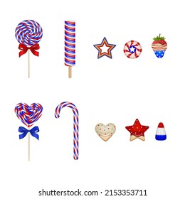 set of isolated sweets with american flag colors. american independence sweets. 4th of july cookies and candies 