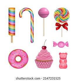 set of isolated sweets. collection of colorful candies and cakes