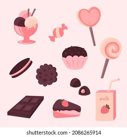 Set of isolated sweets and desserts. Chocolate bar, cake, cupcake, ice cream, lollipop, candy cane, bisquit, cookies, srawberry milk stickers. Confectionery for shop, cafe menu, card, banner, poster.