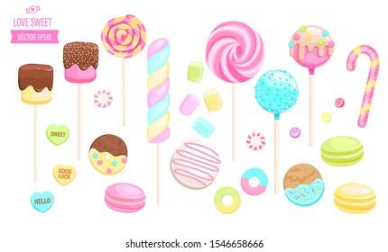 Set isolated sweets on white background-candy,macaroon,candy cane,lollipop,caramel,marmalade.Template for confectionery,sweet banner and poster,advertise for candyshop. Vector illustration