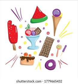 Set of isolated sweets on a white background, ice cream, chocolate, donut, biscuit, cookies, candy, lollipop, caramel. Template for pastry, shops, banner, poster, advertisement. Vector