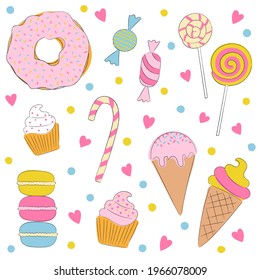 Set of isolated sweets on white background. Ice cream, lollipop, candy, macaroon, cupcake and donut.
