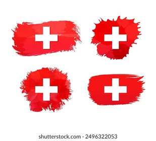 Set of isolated Swiss flag icons. Watercolor spots, brushing strokes design. Weekend tour symbol concept. Ink stain with flag of Switzerland background and clipping mask. Clip art collection. 