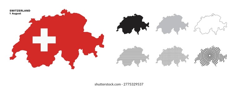 Set of isolated switzerland maps. switzerland flag overlaid with flag proportions. Maps and traveling around the world